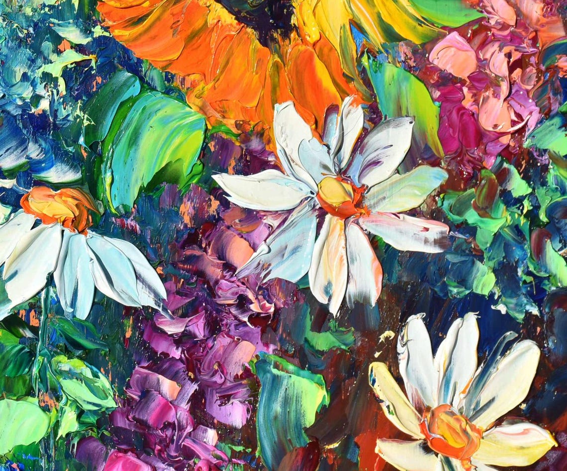 Sunflower Painting Landscape Painting Blue Flowers Art Sunflower Art Purple Wildflowers Art Meadow Flowers Art Flower Oil Painting Textured - Image 3