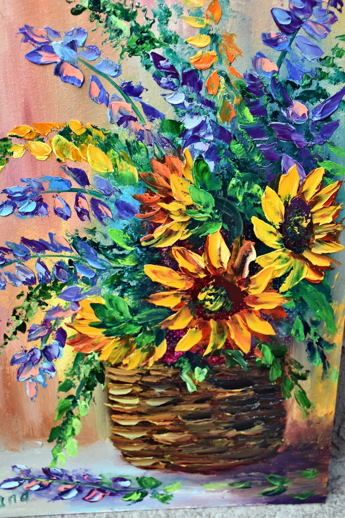 Sunflower Painting Blue Flower Art Sunflower Wall Art Original Art Sunflower Art Flower Art Impasto Painting Sunflowers Painting Still Life - Image 5