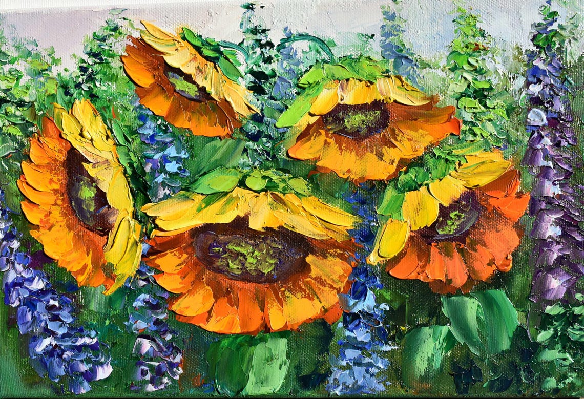 Sunflower Wall Art Sunflowers Painting Orange Flower Art Sunflowers Art Impasto Oil Painting Sunflowers On Palette Knife Art Original