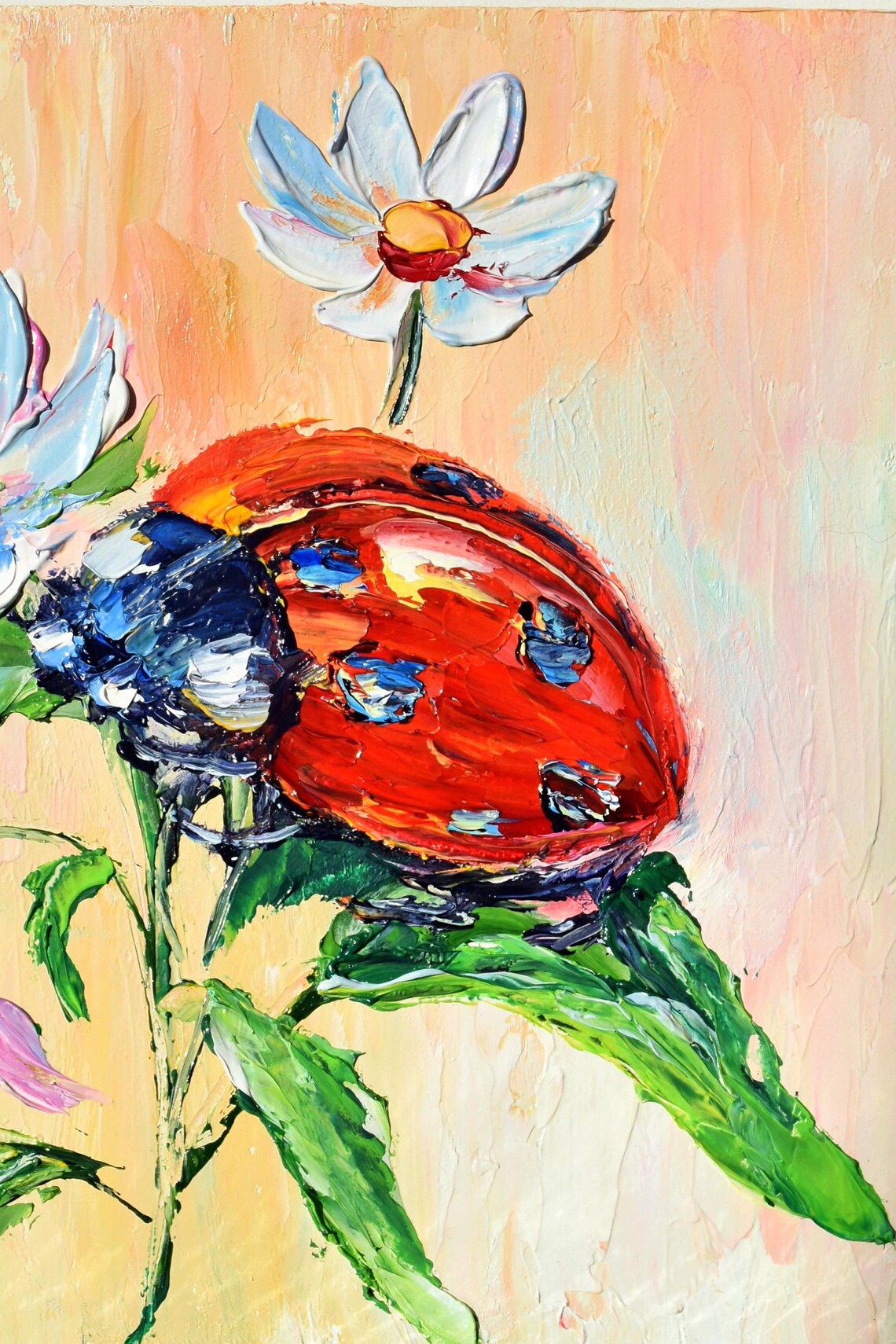 Ladybugs Painting Small Wall Art 8 X 8 Ladybug Art Couple In Love Art Pink Flowers Art Summer Meadow Art Landscape Painting Meadow Flowers - Image 3
