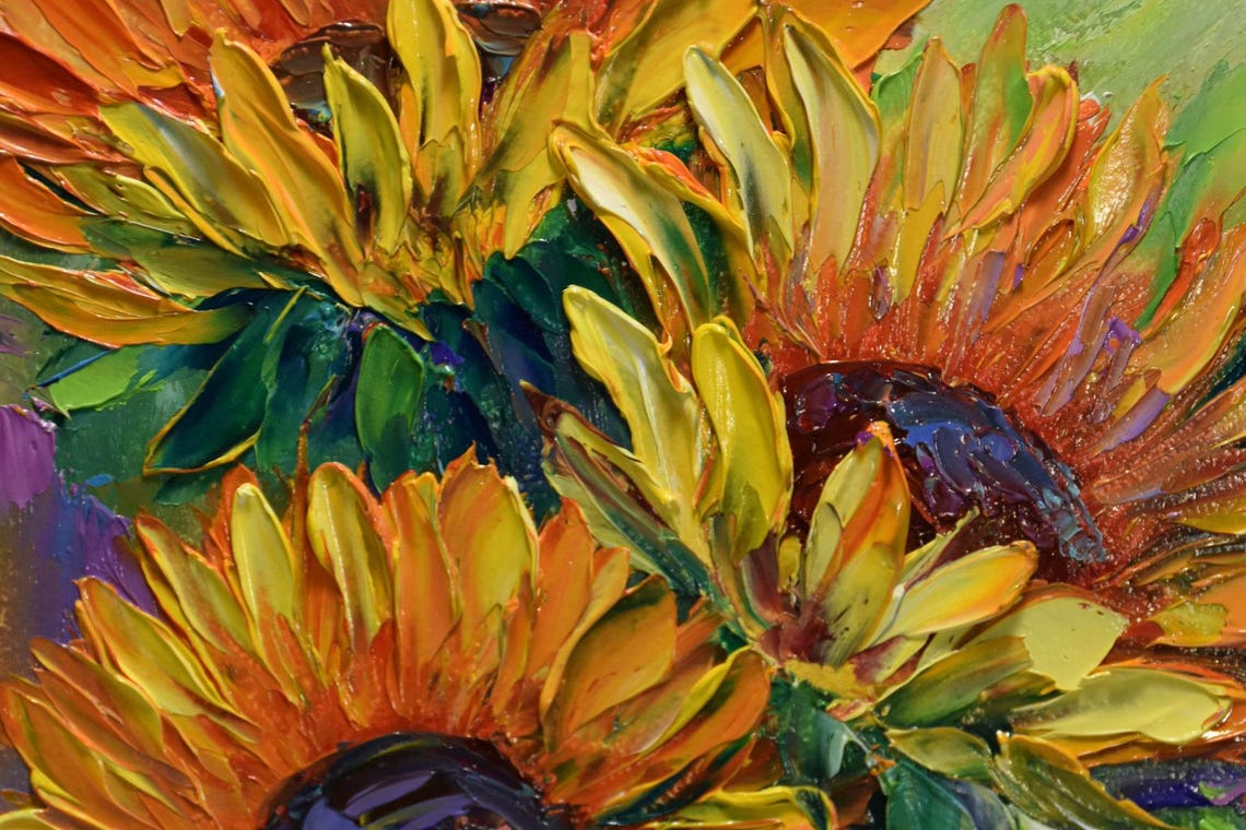 Sunflowers Painting Sunflower Wall Art Small Wall Art Sunflowers Art Orange Flower Art Landscape Painting Impasto Oil Painting Palette Knife - Image 5