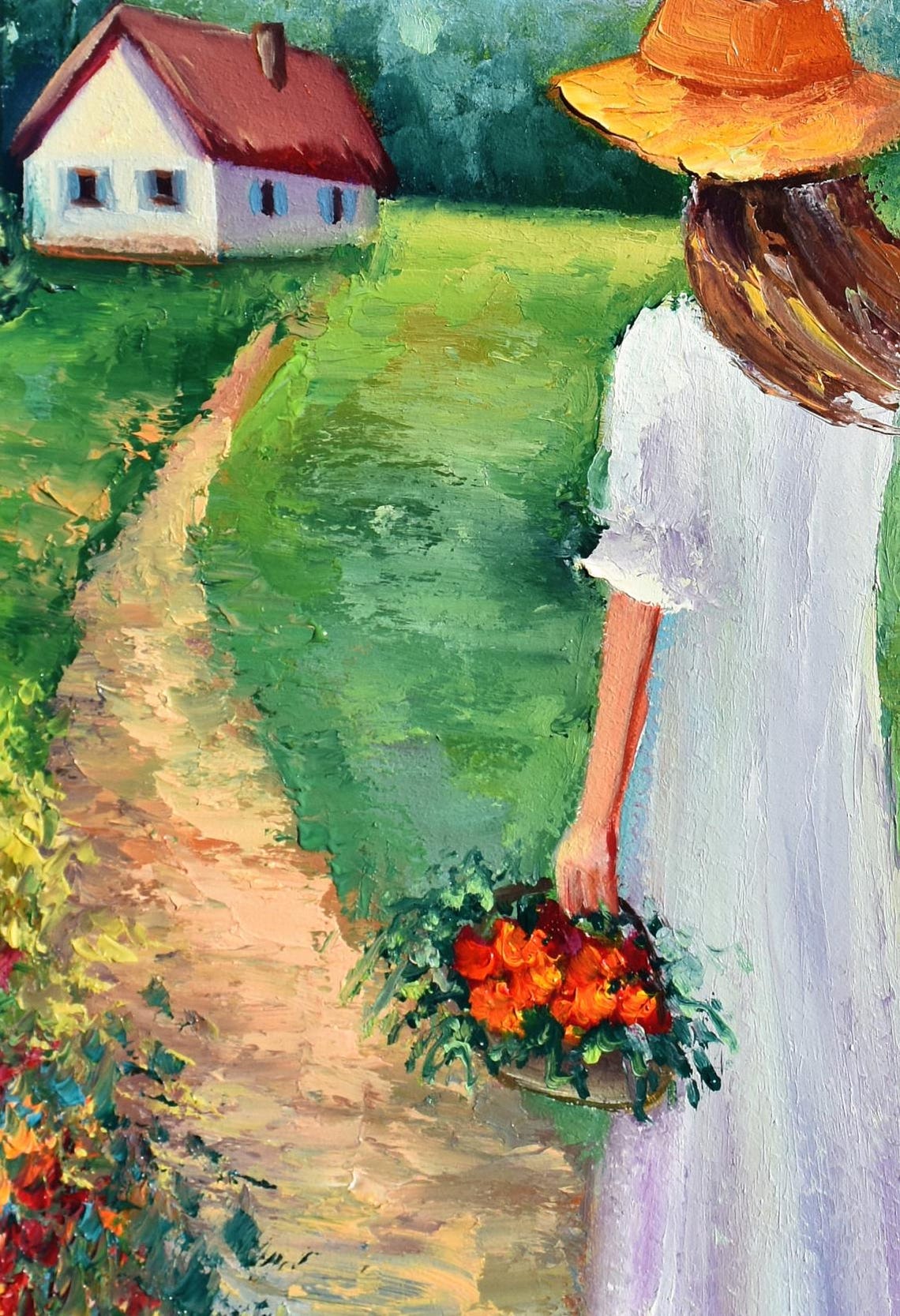 Girl With Flowers Art Landscape Painting Girl In Hat Painting Flower Art Girl Landscape Art Rural Landscape Art Farmhouse Art Flower Meadow - Image 3