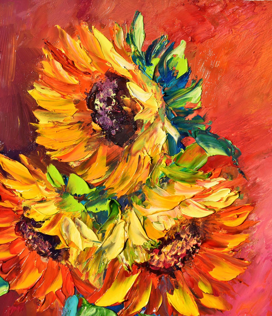Sunflowers In Blue Vase Red Background Floral Still Life Poster - Image 3