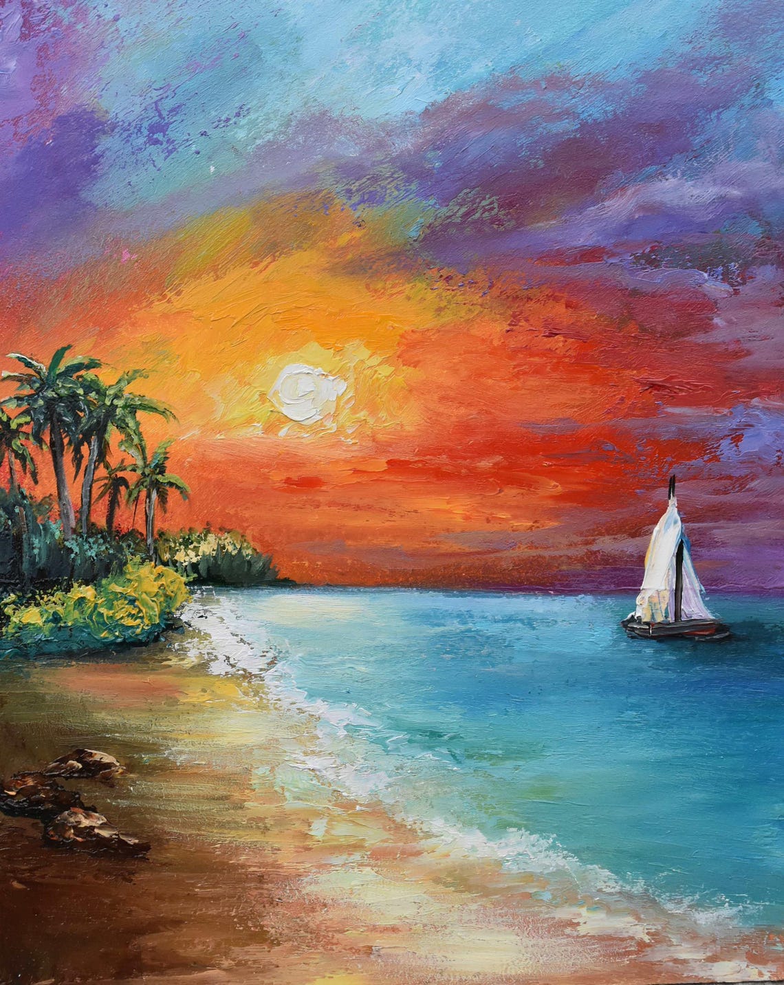 Sea Painting Colorful Sunset Ocean Landscape Art Oil Art Palette Knife Art Art Beach Art Sea Palm Tree Art Seascape Yacht Painting Painting