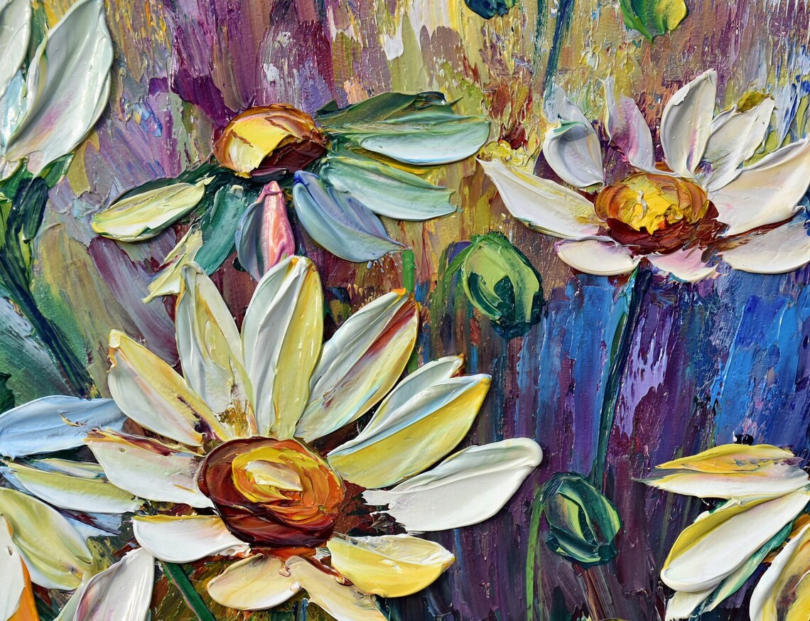 White Daisies Painting Art In The Chamomile Meadow 3d Oil Painting Daisy Painting Chamomile Flowers Wild Flower Art Floral Original Impasto - Image 4