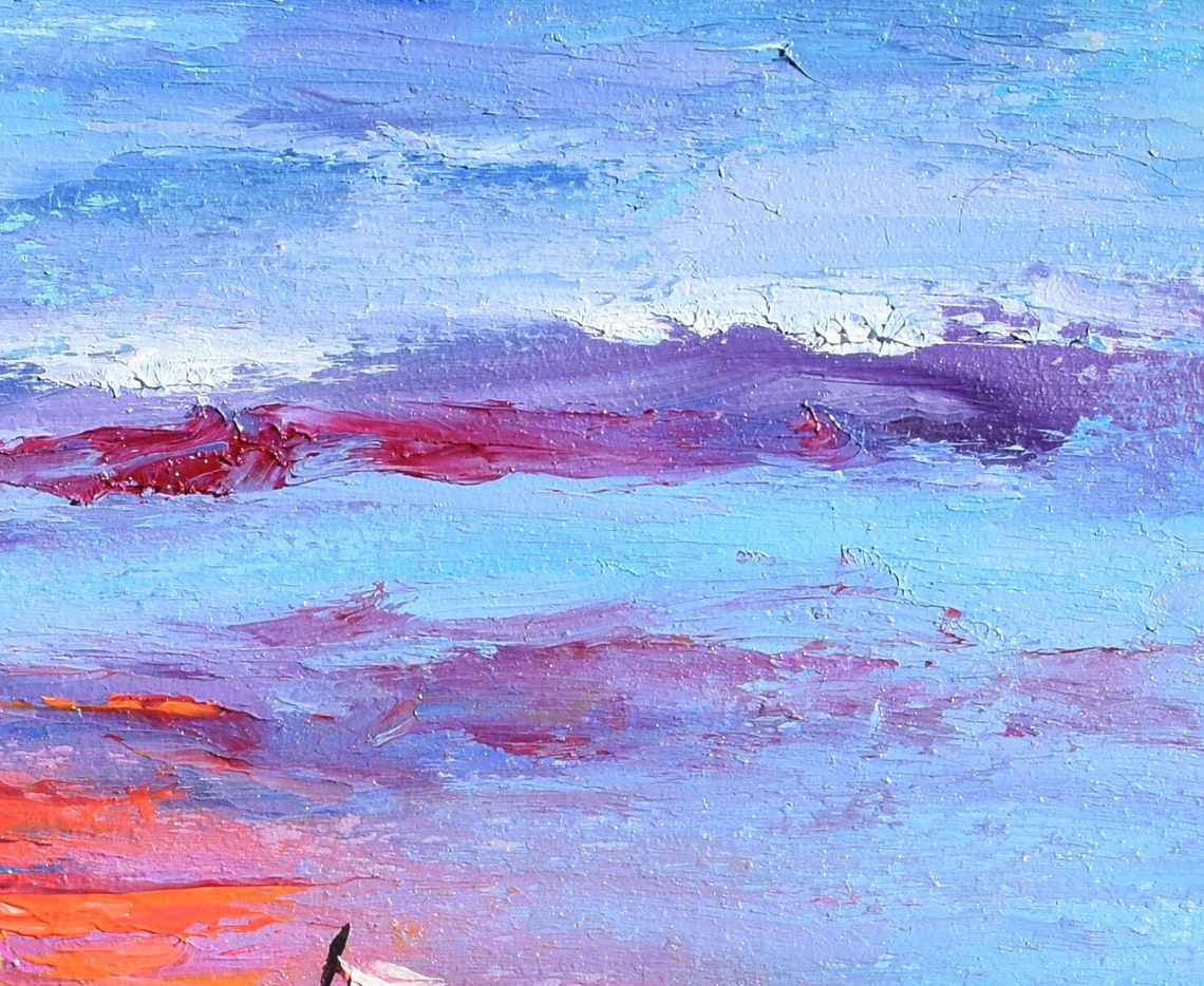 Sailboat Turquoise Waves Pink Sunset Sky Impasto Seascape Oil Wall Art - Image 2