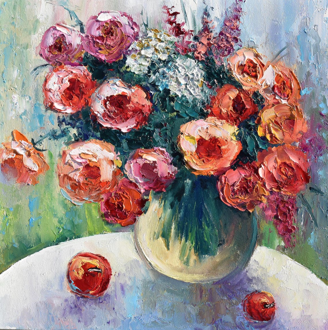 Roses Oil Painting Rose Flowers Art Painting Flowers Painting Flower Meadow Painting Oil Painting Pink White Flower Oil Original Painting In
