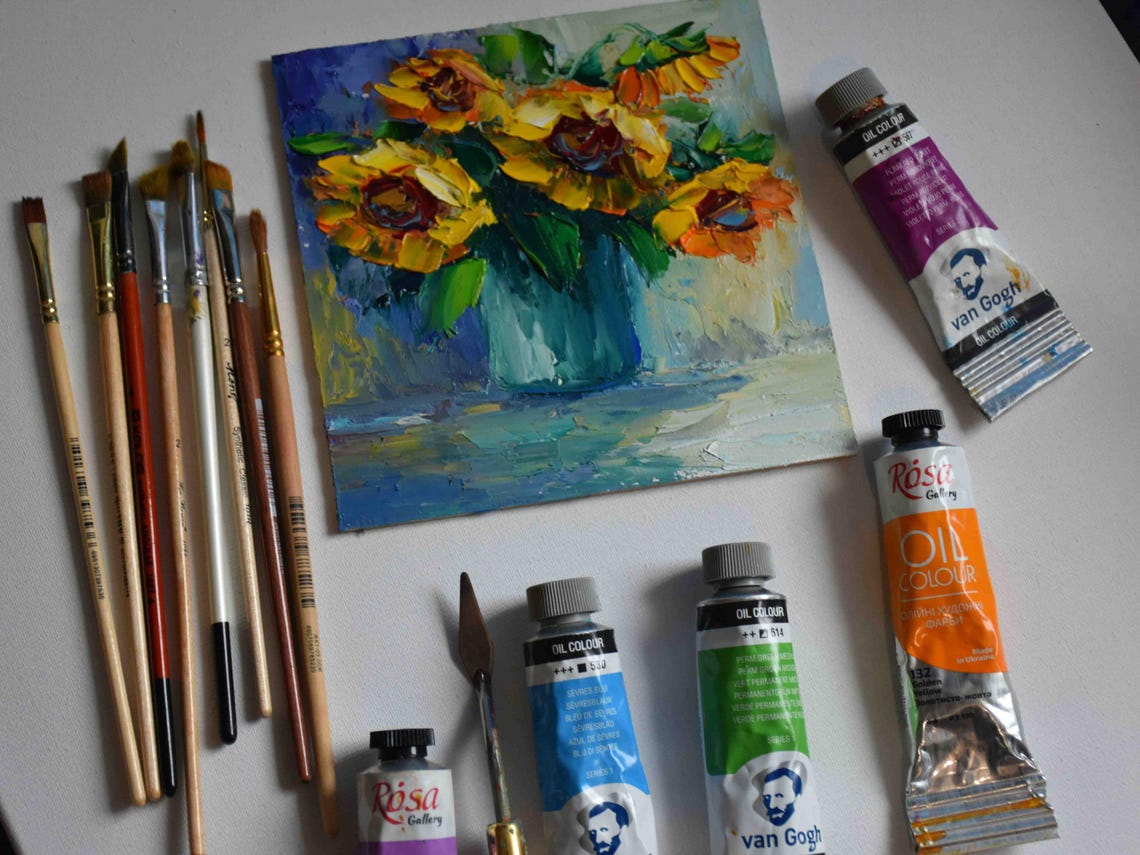 Sunflowers Painting Orange Flowers Floral Artwork Palette Knife Art Small Oil Painting Yellow Flower Art Impasto Painting Wildflowers - Image 2