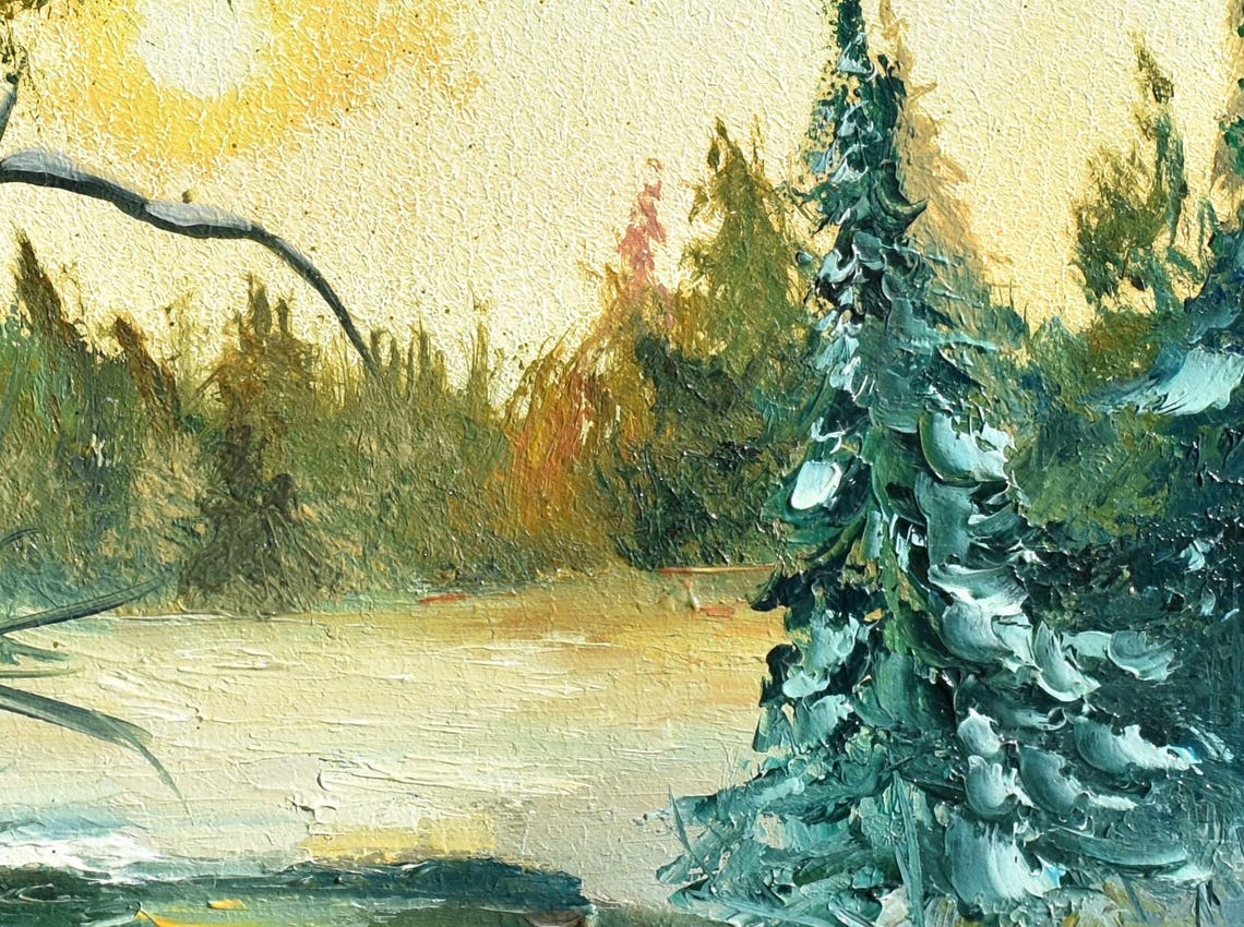 Winter Snow Pines Frozen River Sunset Glow Landscape Oil Wall Art - Image 5