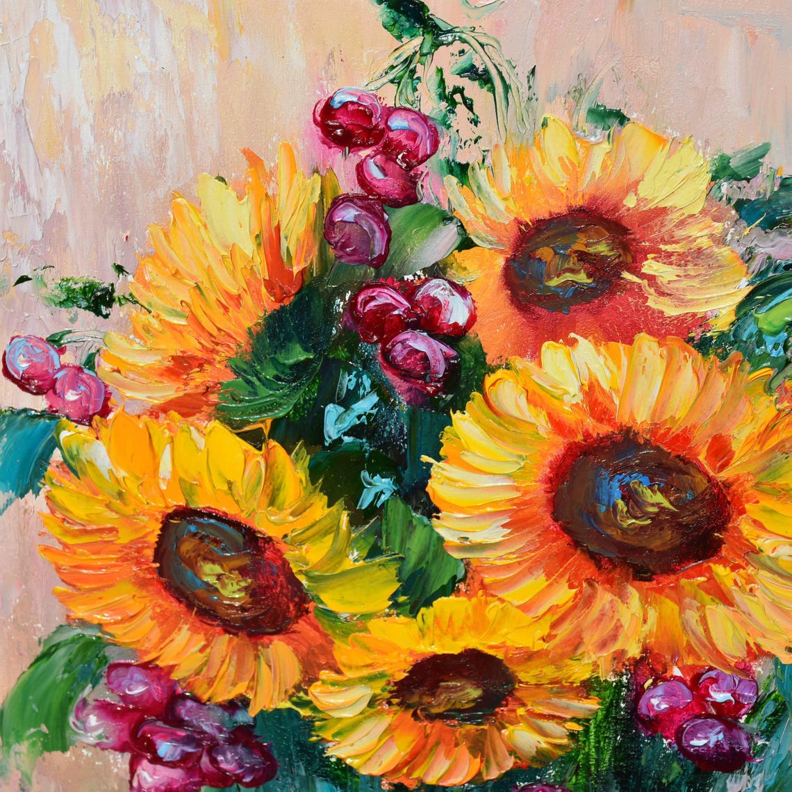 Sunflowers Oil Art Flowers Painting Meadow Painting Flowers Painting Sunflower Painting Flowers Painting Pink Berries Art Impasto Painting - Image 4