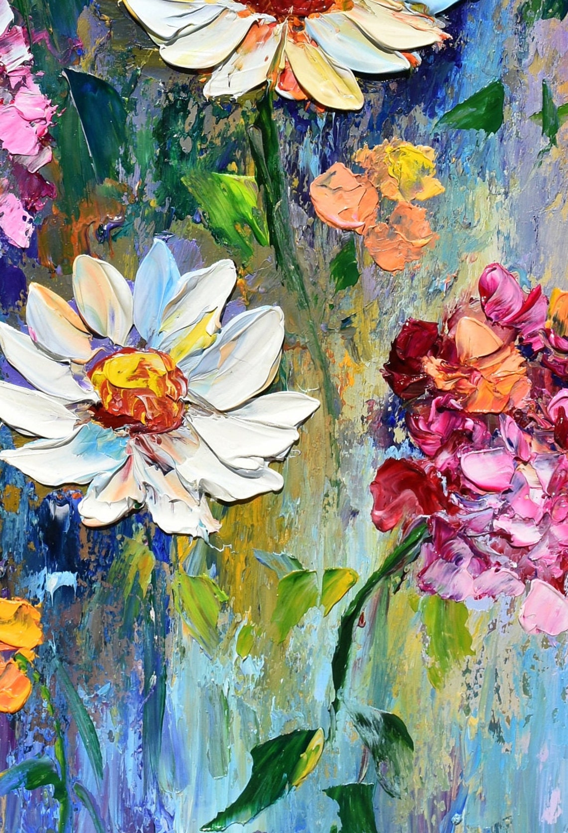 White Daisies Pink Phlox Colorful Impasto Meadow Floral Oil Wall Art - Image 3