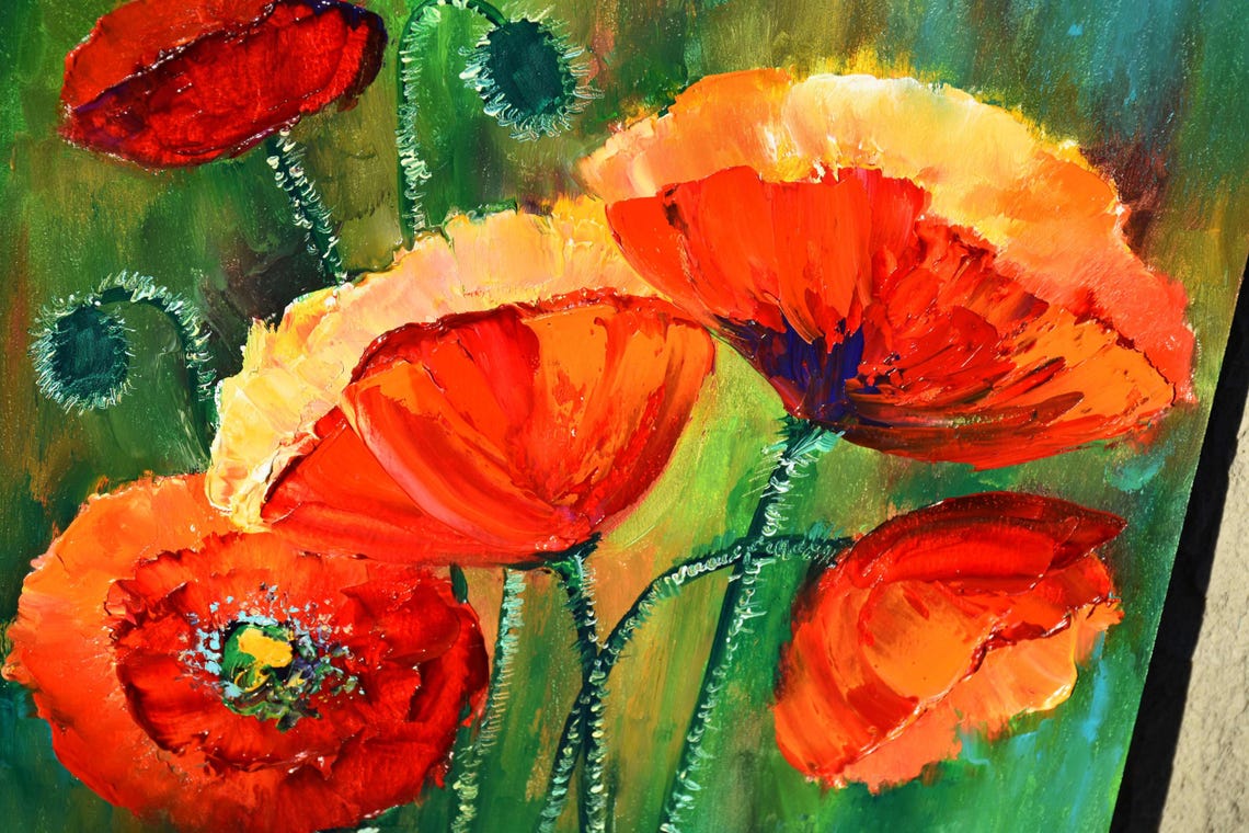 Poppy Original Art Poppy Wall Art Floral Artwork Colorful Oil Art Flowers Painting Mental Health Art Red Poppy Painting Poppy Impasto Art - Image 5