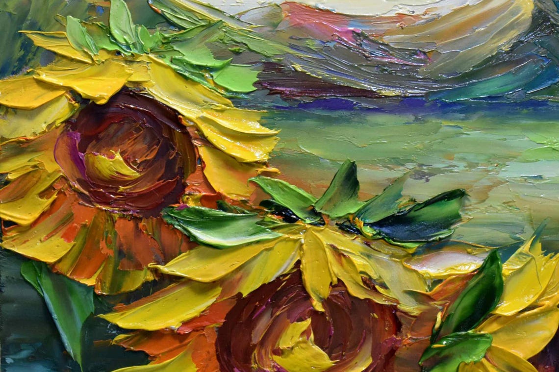 Sunflower Painting Landscape Painting Sunflower Art Meadow Flowers Art Yellow Flower Art Original Art Flower Oil Painting Textured Wall Art - Image 4