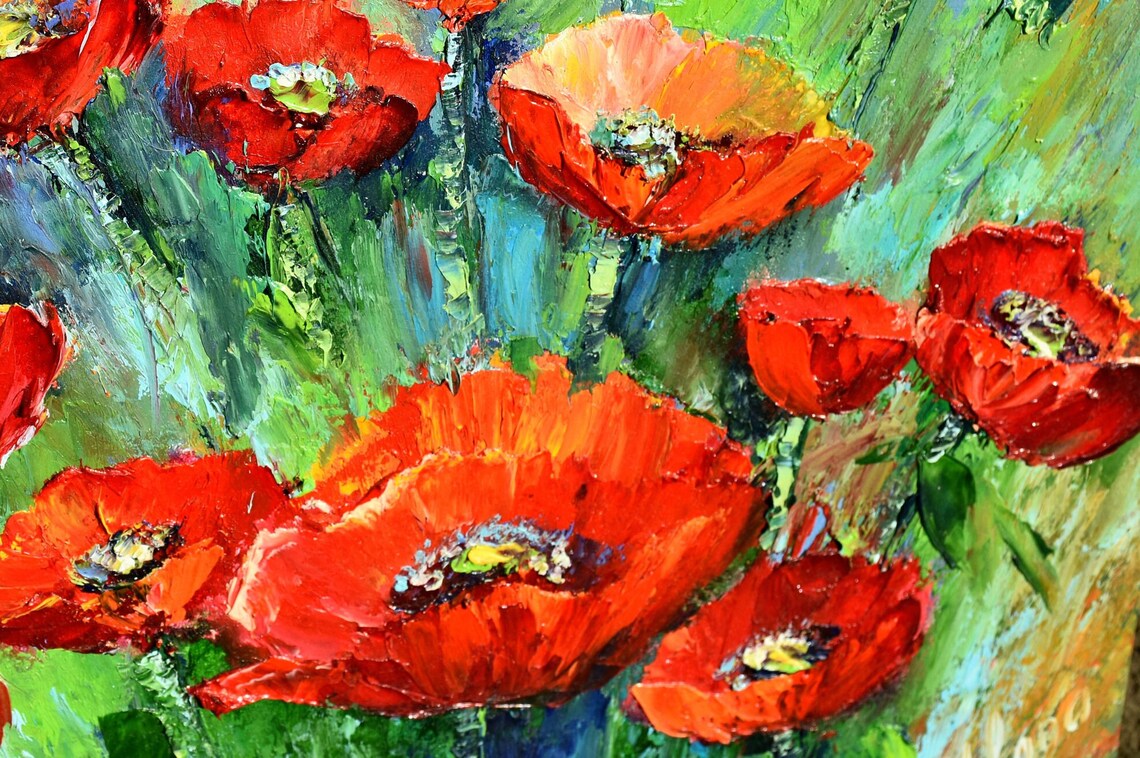 Red Poppy Field Impasto Meadow Wildflower Bloom Oil Painting Poster - Image 4