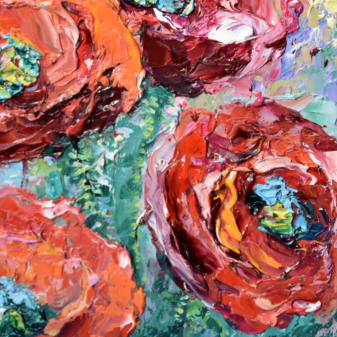 Red Poppies Close Up Thick Impasto Petals Green Oil Floral Wall Art - Image 4