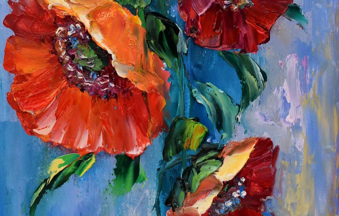 Poppy Oil Painting Meadow Painting Floral Oil Painting Ukrainian Art Poppy Flower Art Landscape Painting Red Berries Art California Poppies - Image 3