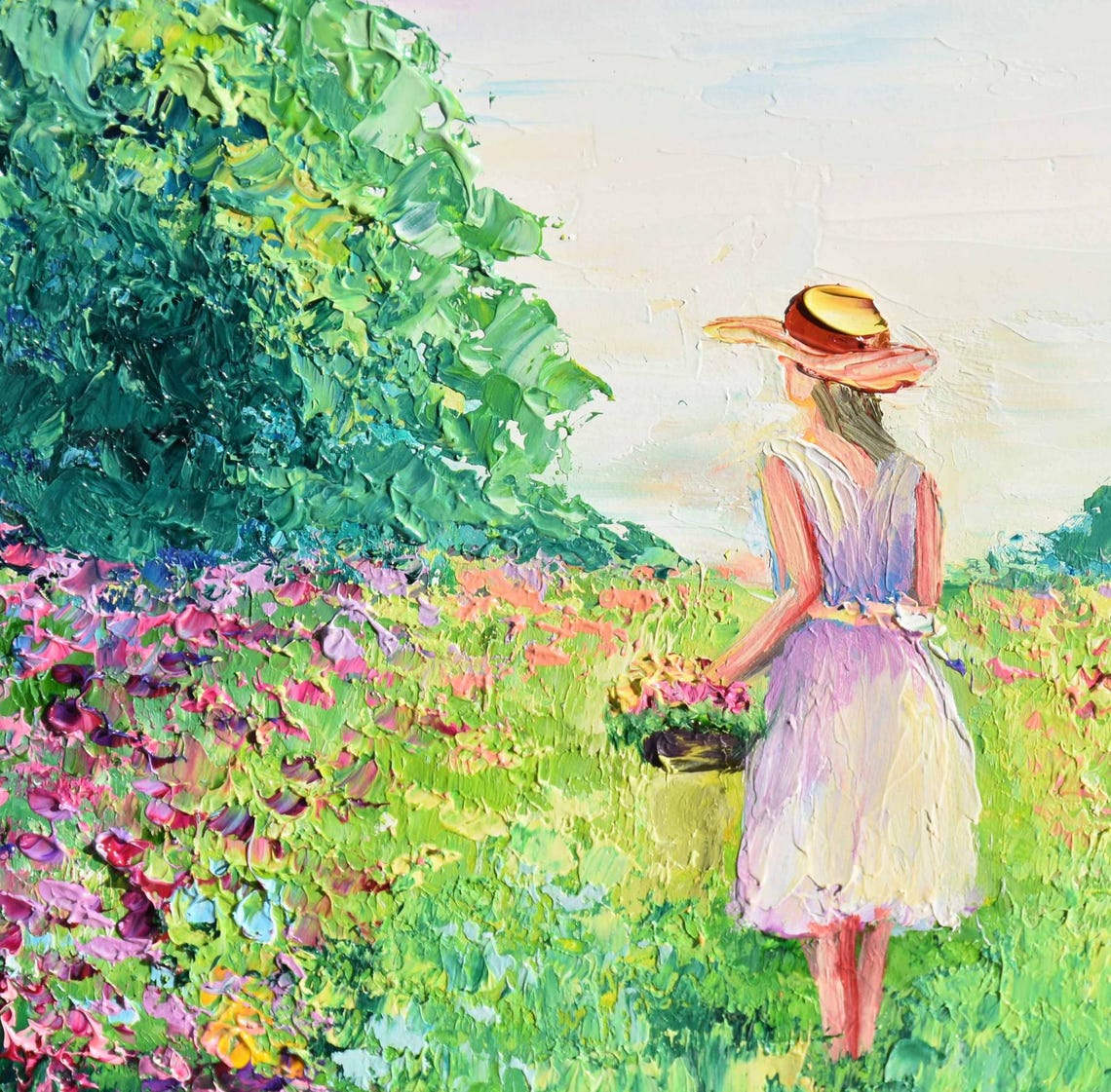 Landscape Girl Painting Meadow Landscape Art Landscape Nature Girl Basket Art Colorful Oil Art Wall Art Flower For Wildflowers Oil Art Palet - Image 3