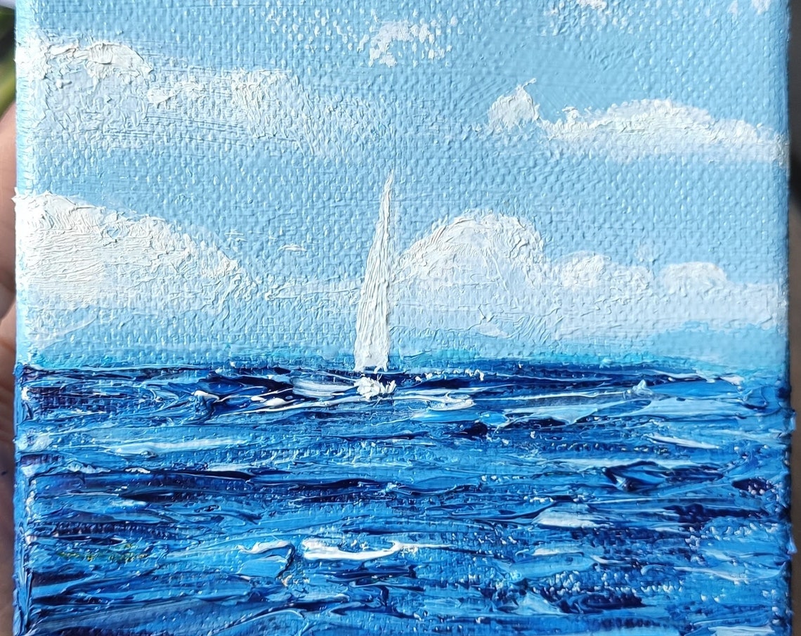 White Sailboat Sailing On Bright Blue Sea White Clouds Summer Poster