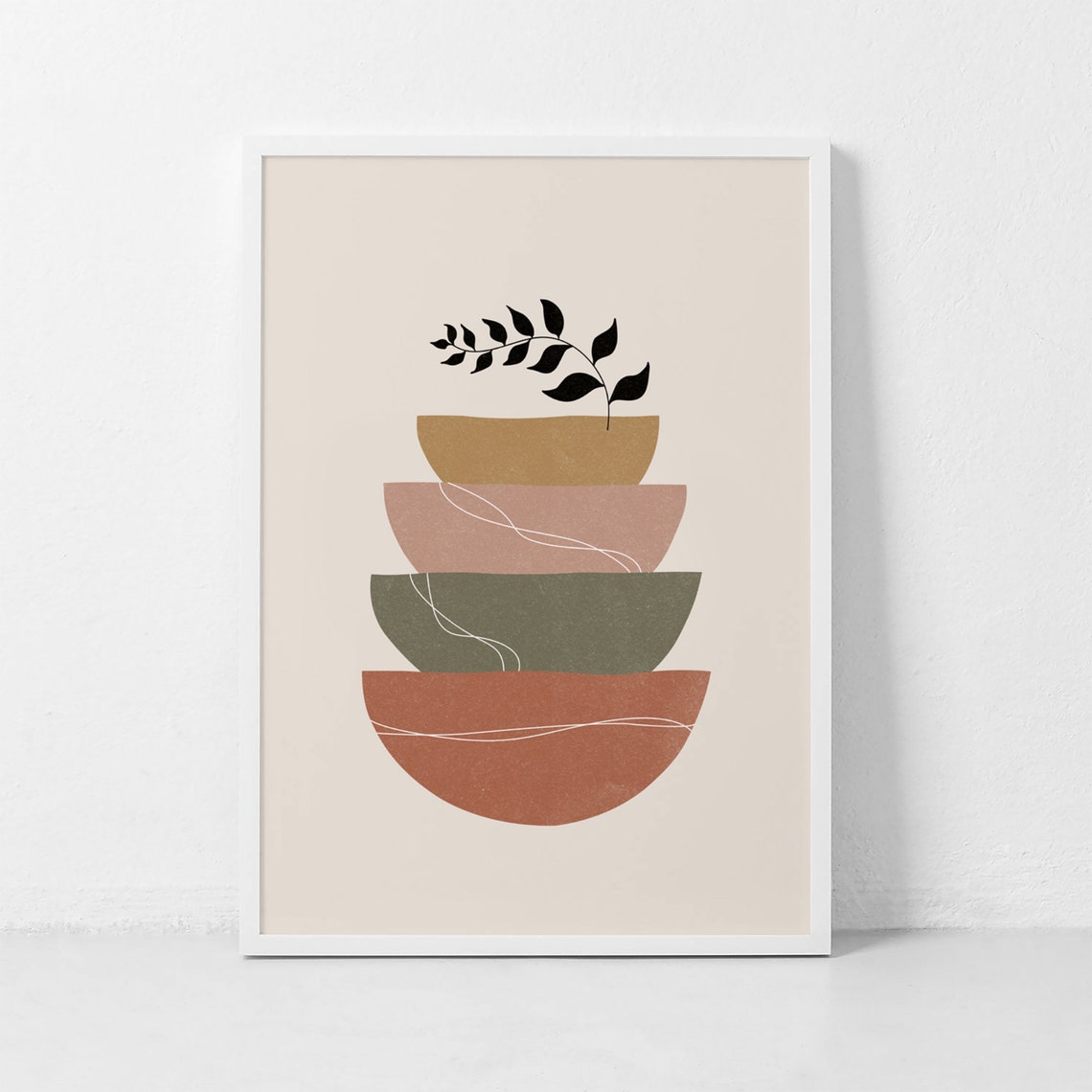 Abstract Stacked Bowls Botanical Earth Tones Minimalist Art Print