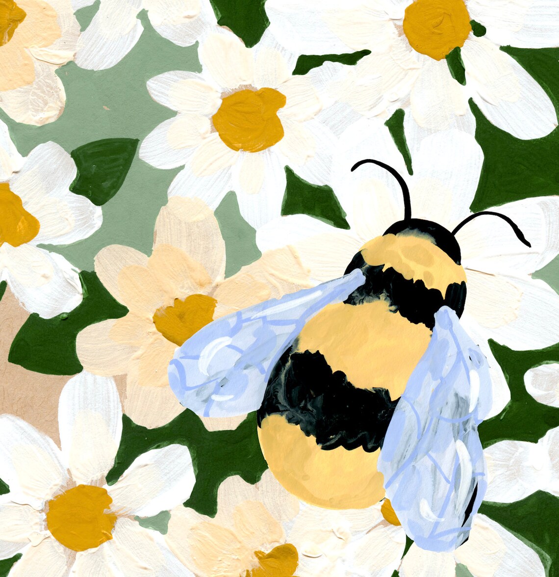 Bumble Bee On Daisies Art Print, Floral Decor - Image 3