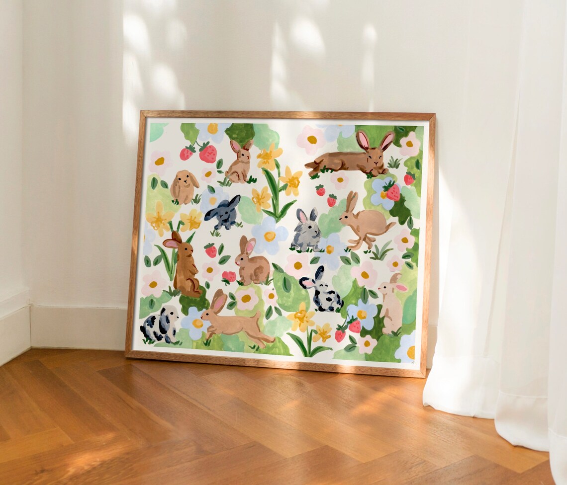 Rabbits and Strawberries Watercolor Art Print - Image 2