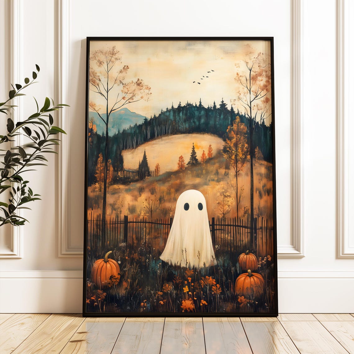 Cute Ghost Among Pumpkins Autumn Field Fall Vintage Painting Poster