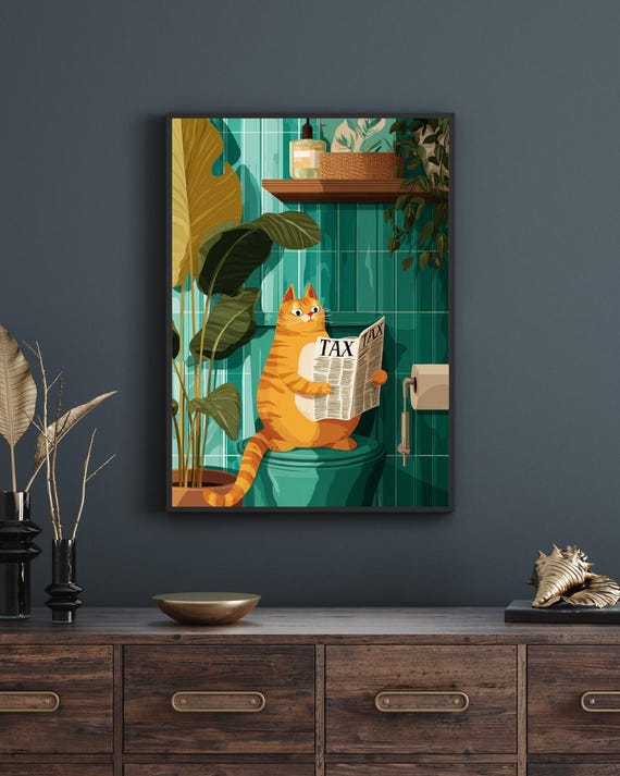 Funny Orange Cat Bathroom Print Toilet Humor Wall Art