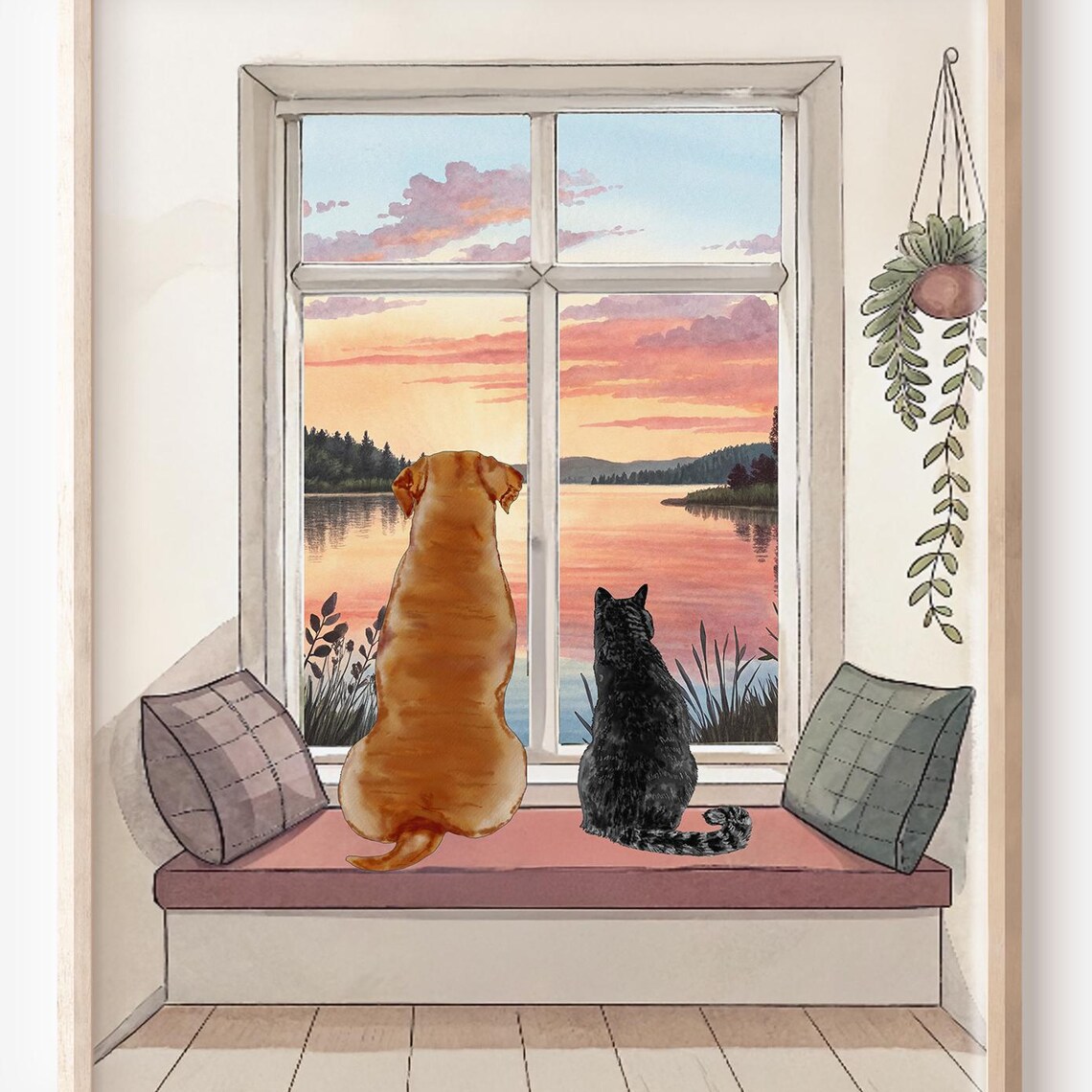 Dog and Cat Watching Sunset Lake Window Seat Pet Portrait Poster