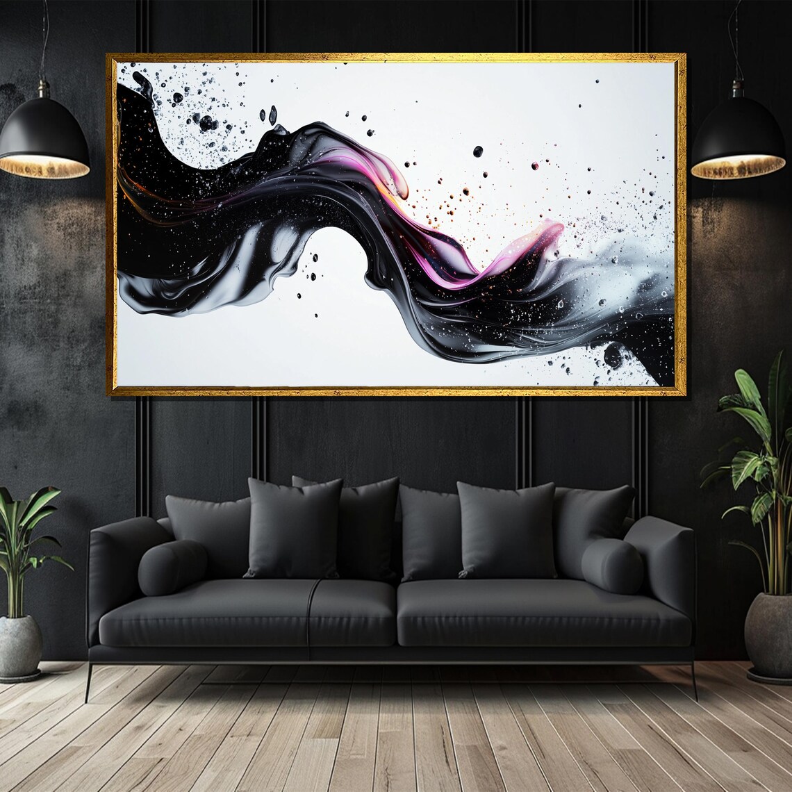 Dynamic Abstract Fluid Art On Black Pink And Orange Splashes On Minimalist White Background
