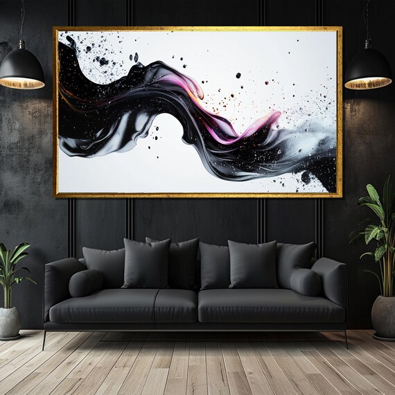 Dynamic Abstract Fluid Art On Black Pink And Orange Splashes On Minimalist White Background