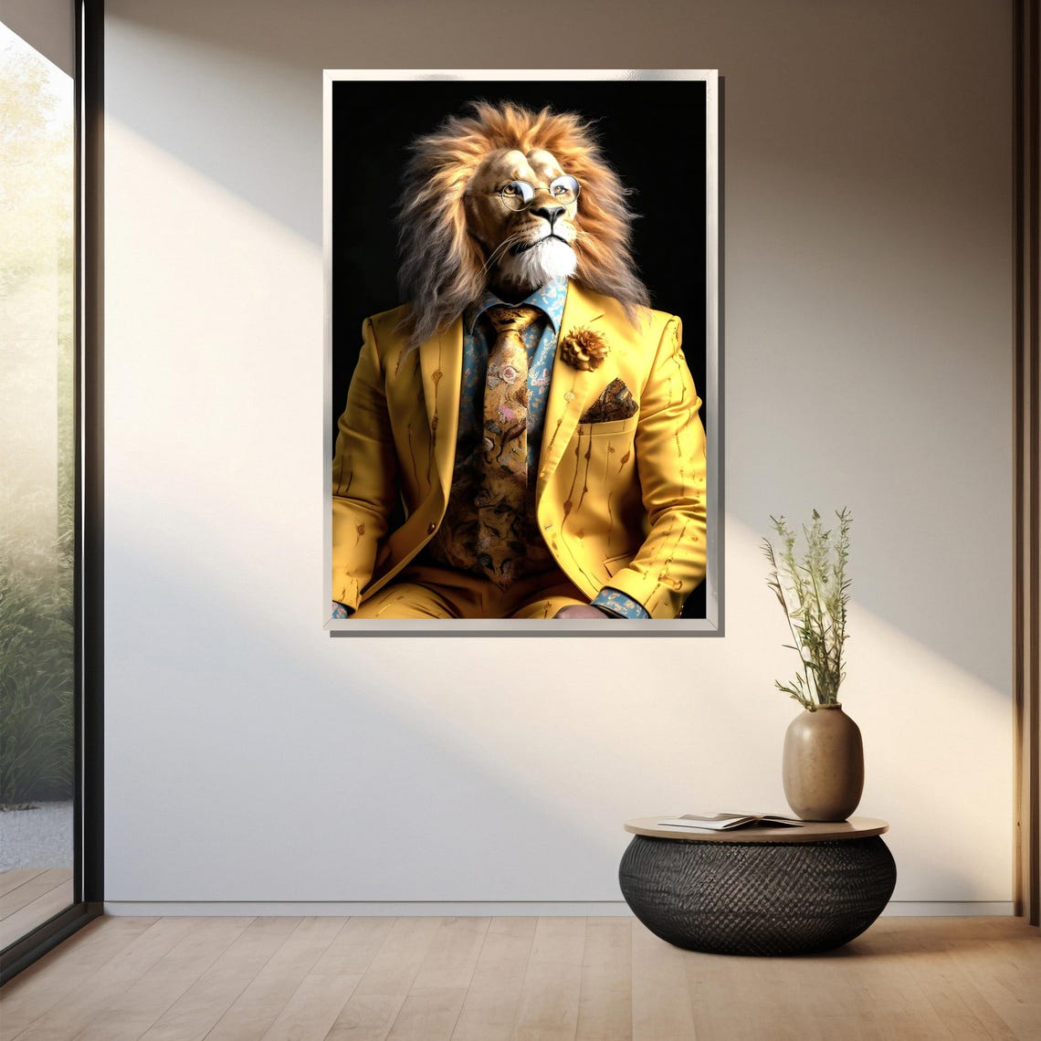Regal Lion In Yellow Suit Painting Whimsical Animal Art For Bold Home Decor And Gift Idea - Image 3