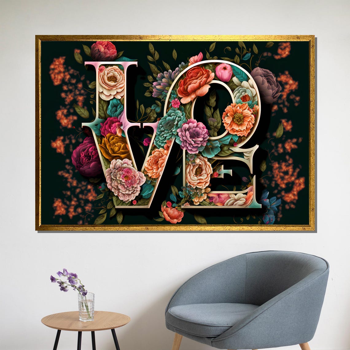 LOVE Letters Filled With Colorful 3D Flowers Dark Botanical Art Poster