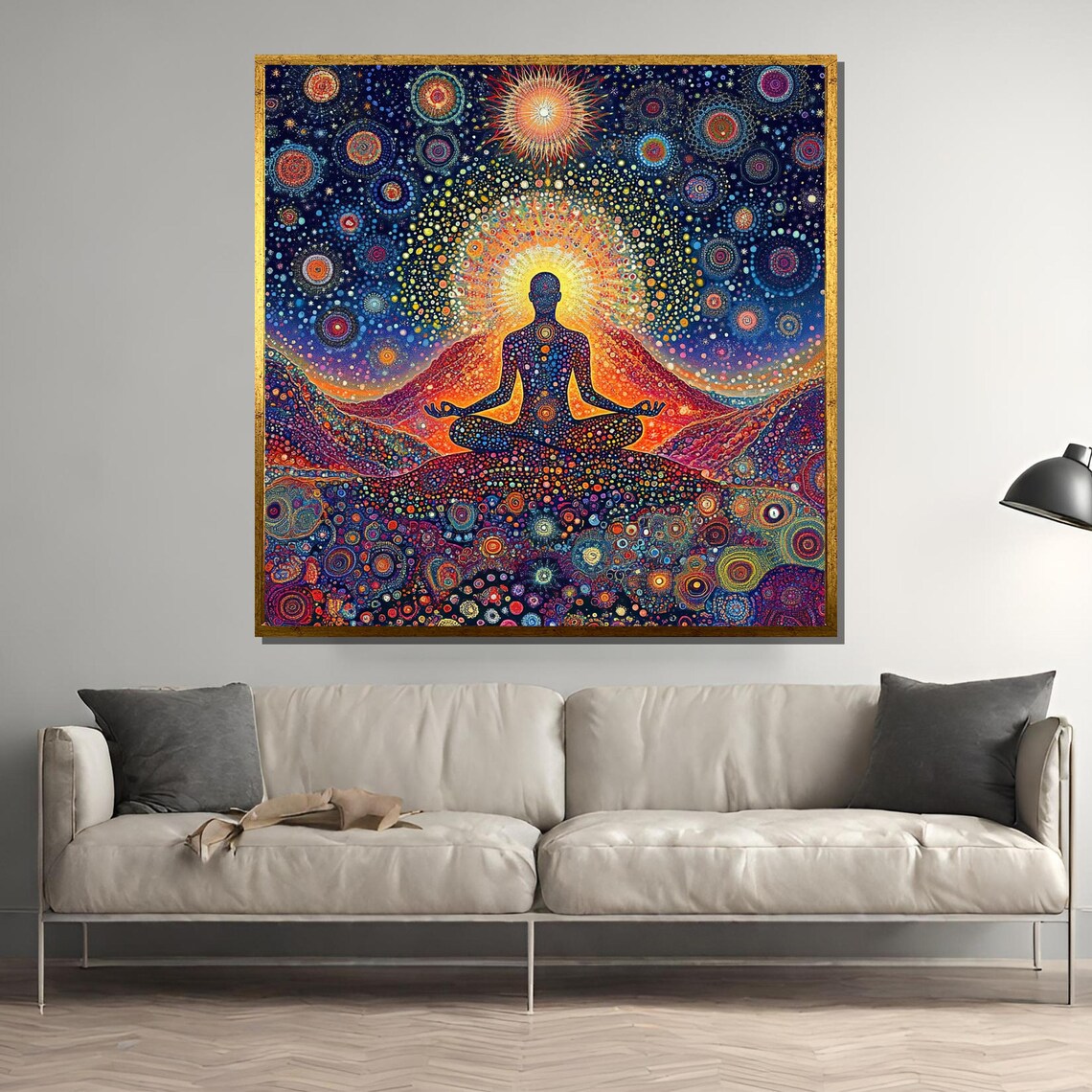 Meditating Silhouette Psychedelic Cosmic Dot Painting Poster