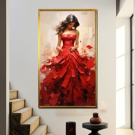 Elegant Lady In Red Dress Painting Fashion Inspired Art Gift For Modern Home Decor And Style Enthusiasts