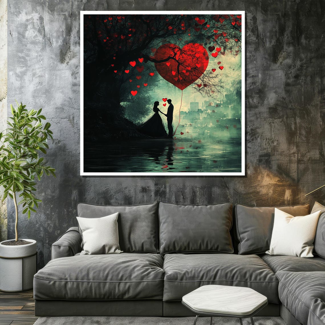 Lovers Silhouette Under Red Heart Tree by Teal Moonlit Lake Poster - Image 2
