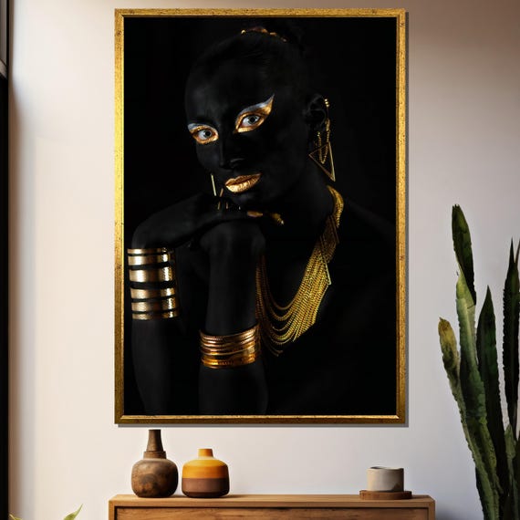 Bold Ethnic Portrait Painting Striking Black And Gold Art Gift For Modern Home Decor