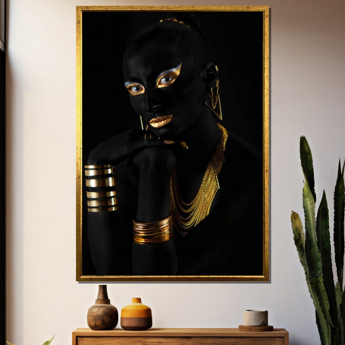 African Woman Portrait With Gold Makeup And Jewelry On Black Poster