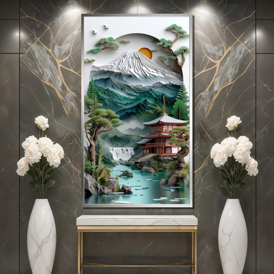 Elegant Japanese Paper Landscape Art Mountain Temple Scene With Waterfall And Trees Traditional Style Painting Gift - Image 3