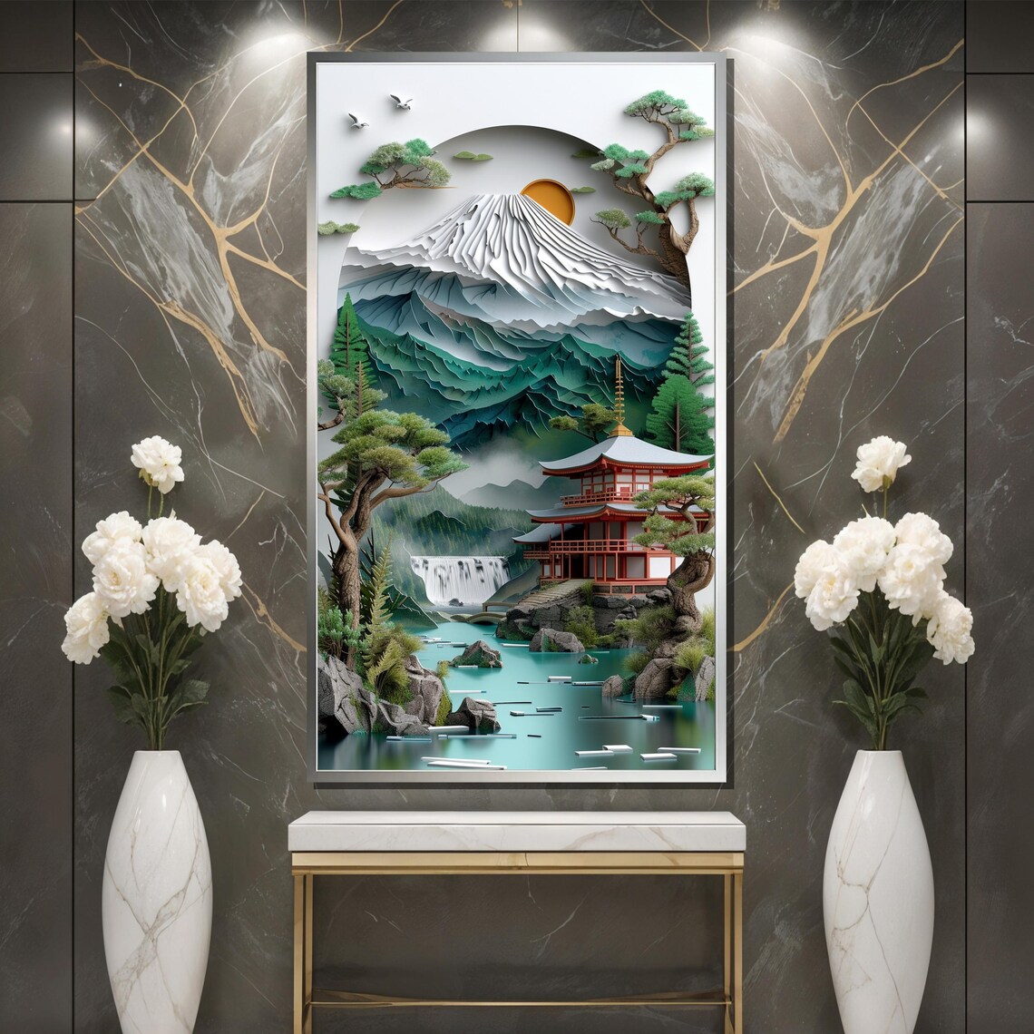 Mount Fuji Paper-Cut Landscape with Temple Waterfall and Lake Poster - Image 3