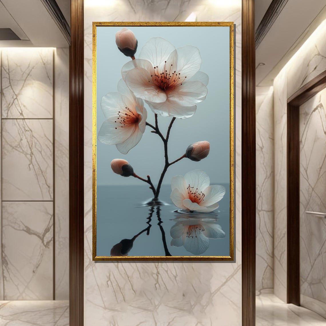Translucent Blush Blossoms Reflected in Calm Water Floral Poster