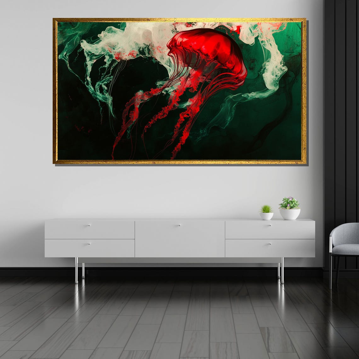 Red Jellyfish In Emerald Sea Abstract Ocean Wildlife Art Poster - Image 5