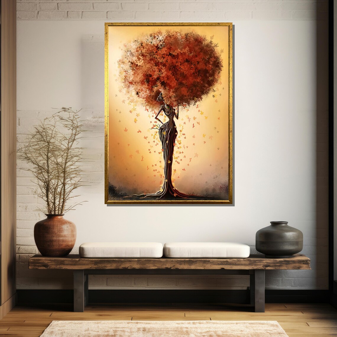 Elegant Autumn Tree Woman with Falling Leaves Nature Art Poster - Image 5