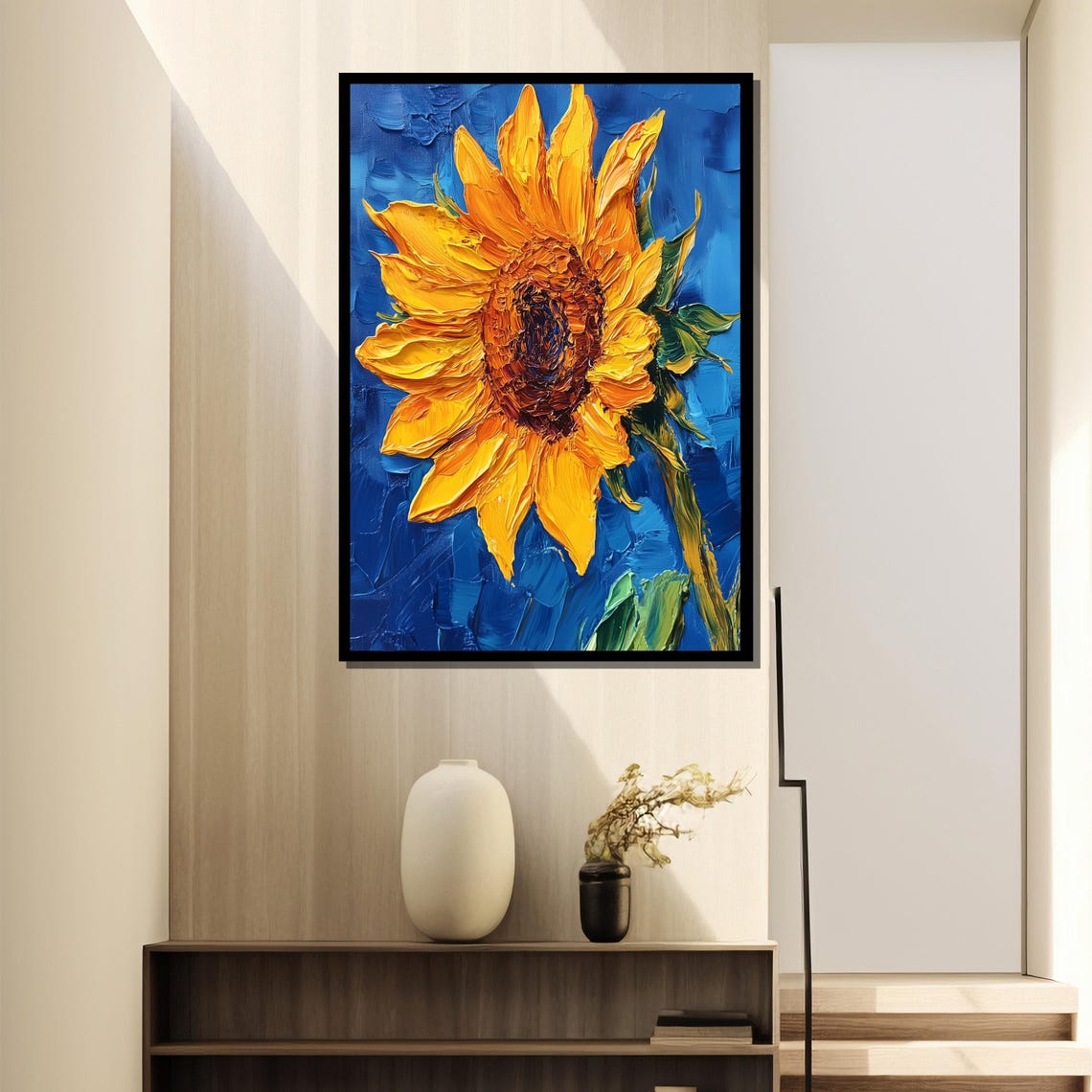 Single Sunflower Painted In Thick Impasto On Vivid Blue Poster - Image 4