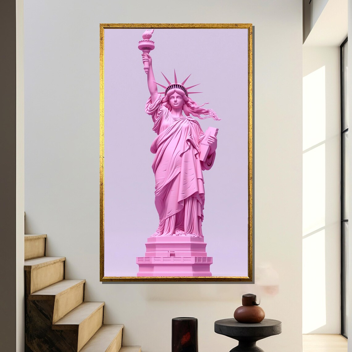 Pink Statue Of Liberty Against A Soft Lavender Sky Art Poster
