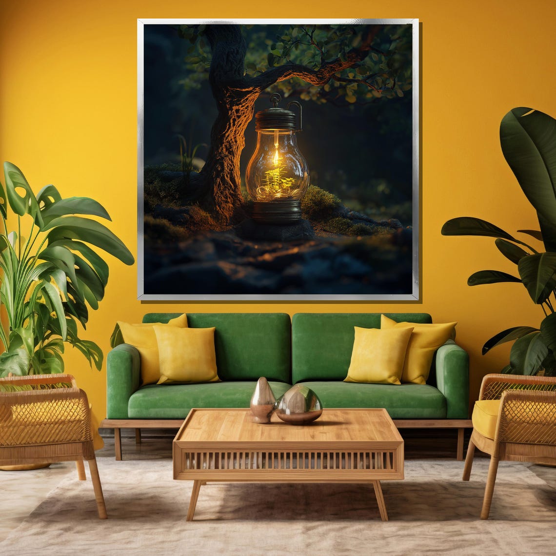 Enchanted Glowing Lantern with Tiny Tree at Night Forest Art Poster - Image 3