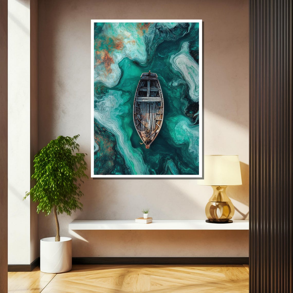 Abstract Wooden Boat Painting Nautical Art Gift With Calm Emerald And Driftwood Details For Home Dcor - Image 2