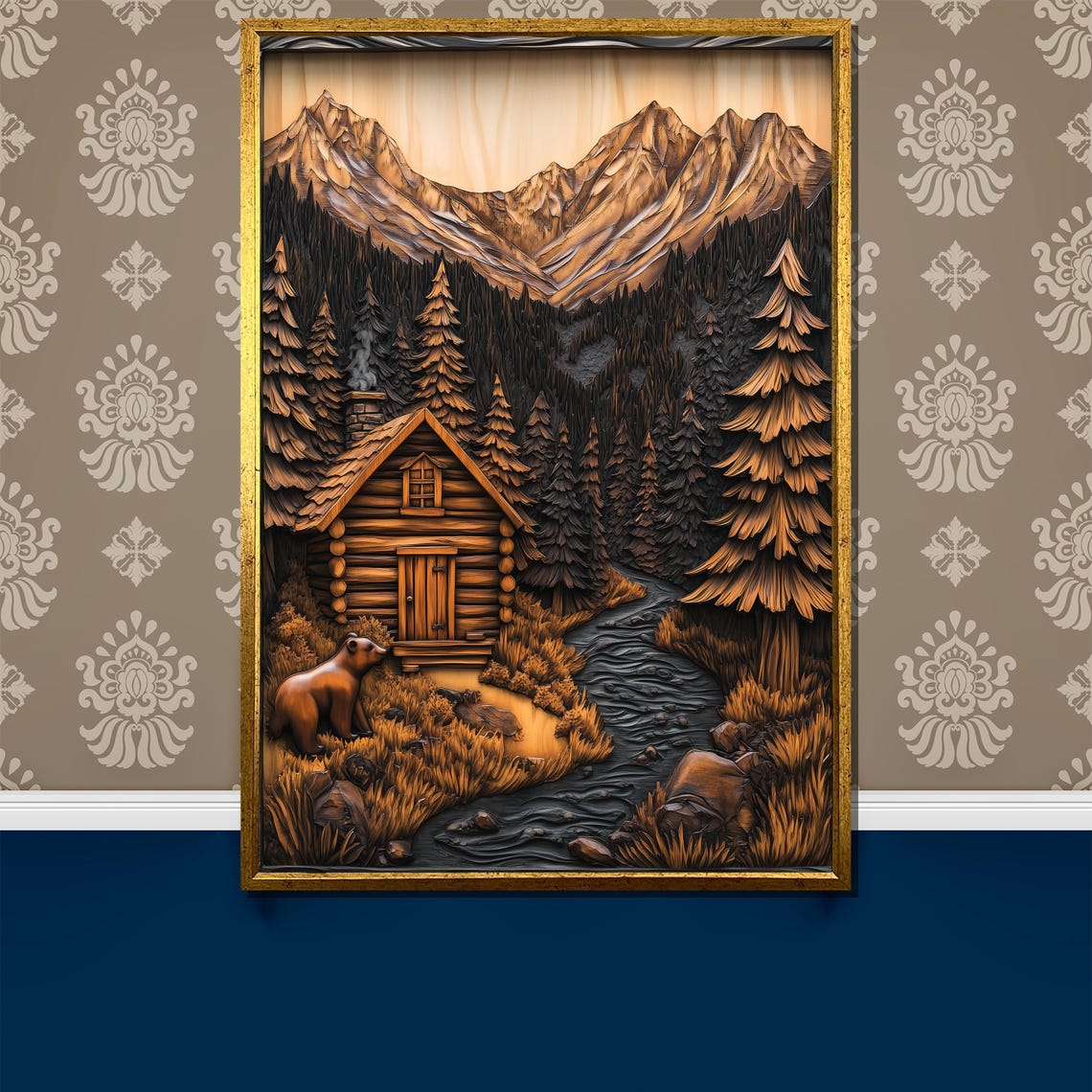 Cozy Rustic Log Cabin and Bear Wood Carving Effect Forest Poster