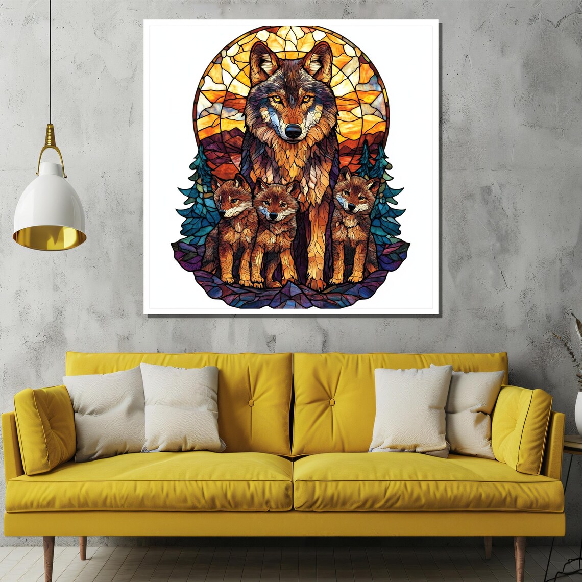 Stained Glass Wolf Mother with Three Pups at Sunset Art Poster - Image 2