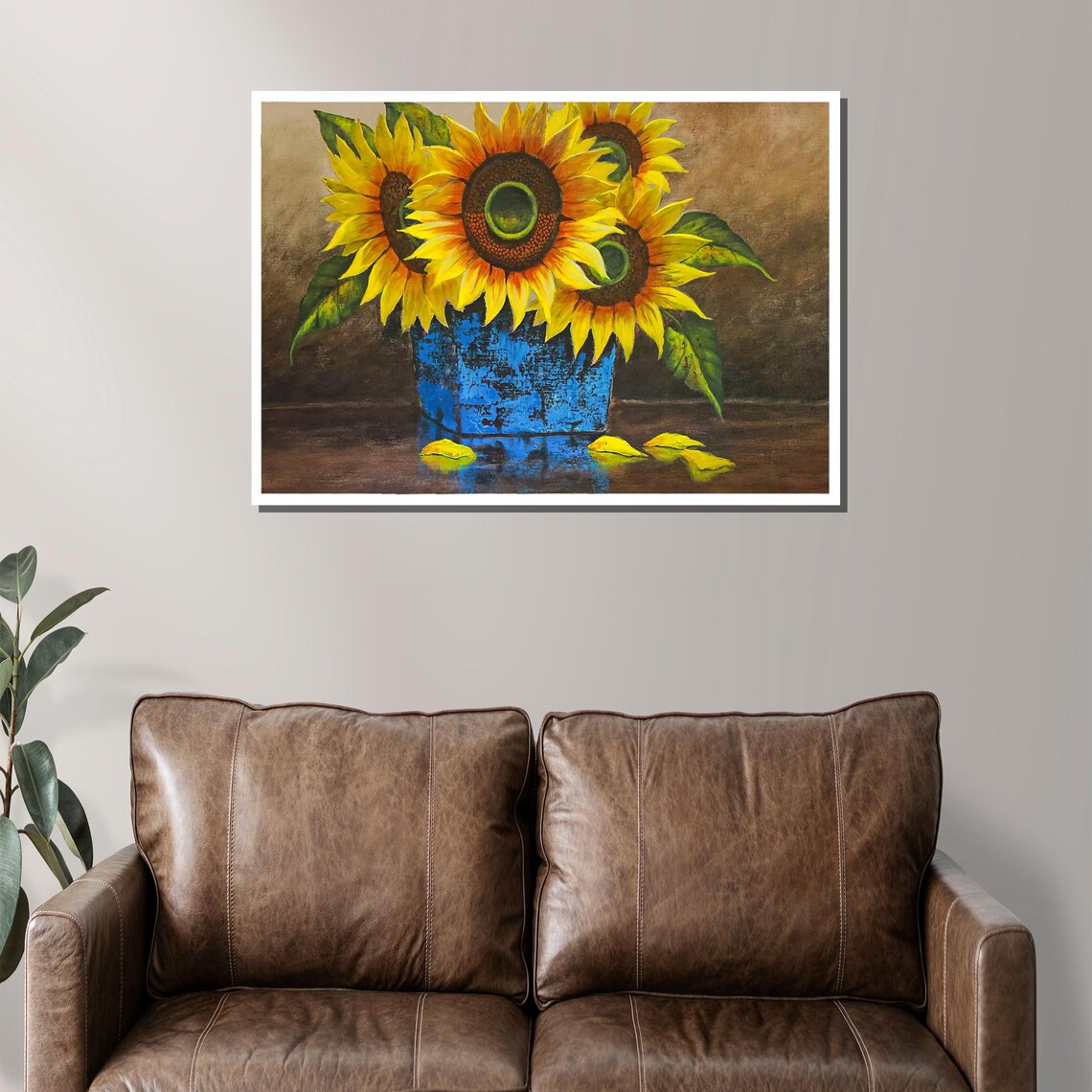 Bright Sunflowers In Blue Rustic Vase Cheerful Floral Wall Art - Image 2