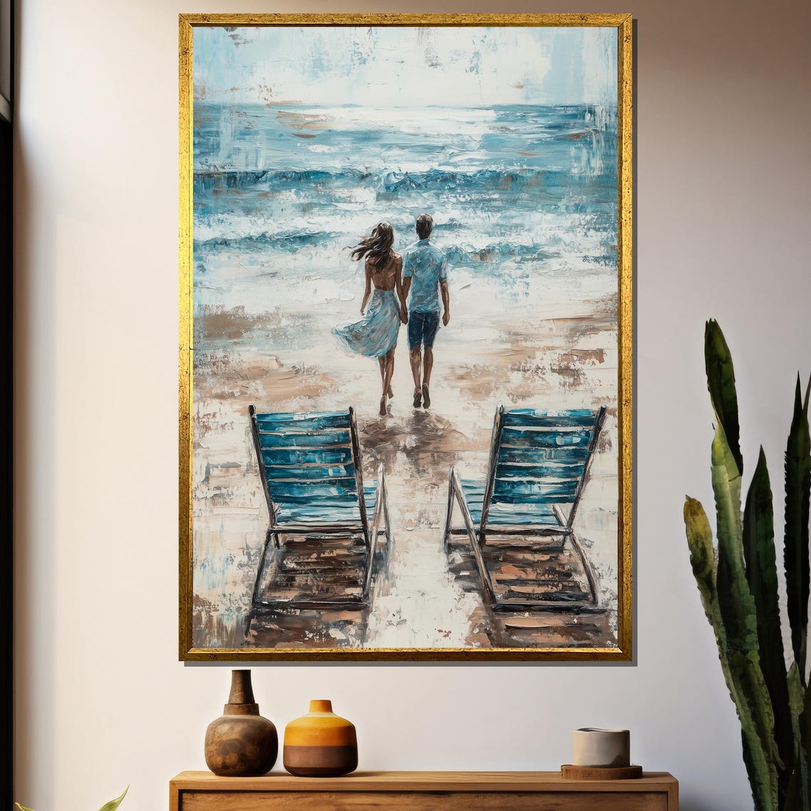 Romantic Couple Walking To The Shore With Beach Chairs Wall Art